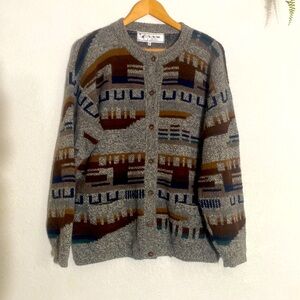 Men's Geometric Pattern Cardigan Sweater - Gray, Brown, Blue